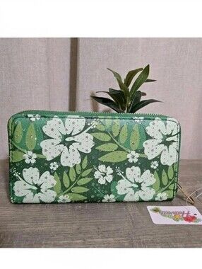 Island Sense Green Tropical Hibiscus Floral Zip Around Long Wallet Clutch